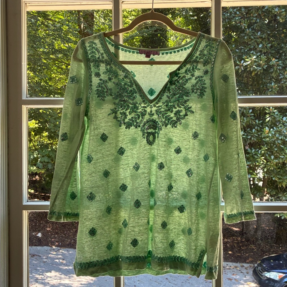 Green Embroidered Sheer Top
